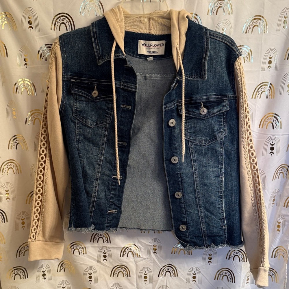 Wallflower Denim Vest with Cream Hoodie And Lace Detail On Sleeves
